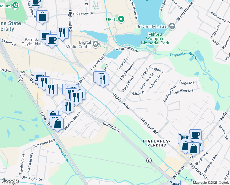 map of restaurants, bars, coffee shops, grocery stores, and more near 4511 Highland Road in Baton Rouge