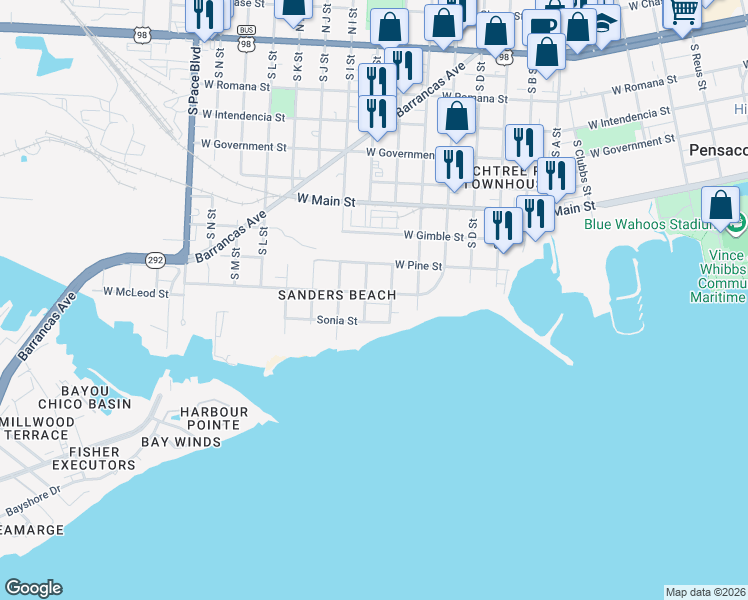map of restaurants, bars, coffee shops, grocery stores, and more near 1425 Cypress Street in Pensacola