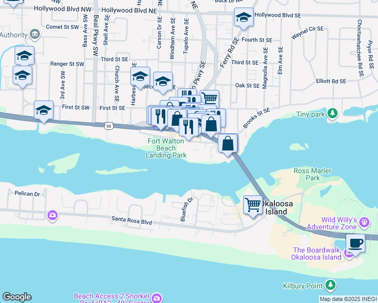 map of restaurants, bars, coffee shops, grocery stores, and more near 159 Brooks Street Southeast in Fort Walton Beach