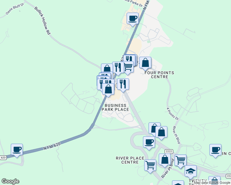 map of restaurants, bars, coffee shops, grocery stores, and more near 6911 Ranch Road 620 in Austin