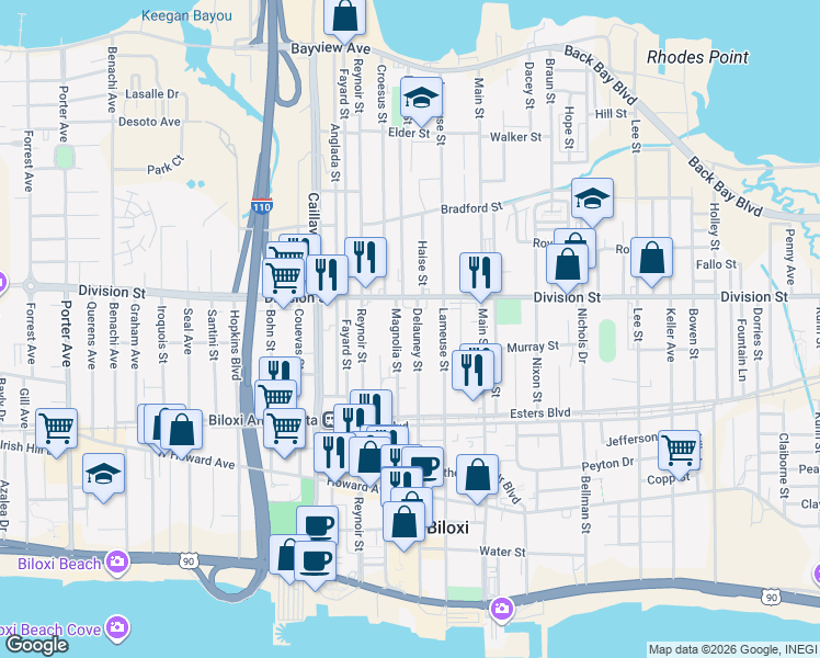 map of restaurants, bars, coffee shops, grocery stores, and more near 275 Delauney Street in Biloxi