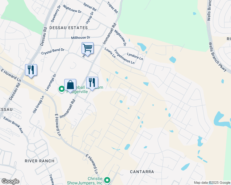 map of restaurants, bars, coffee shops, grocery stores, and more near Olympia Drive in Pflugerville