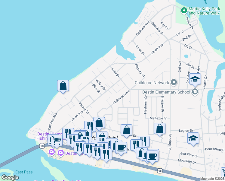 map of restaurants, bars, coffee shops, grocery stores, and more near 318 Sibert Avenue in Destin