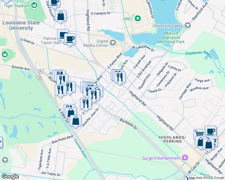map of restaurants, bars, coffee shops, grocery stores, and more near 235 East Boyd Drive in Baton Rouge