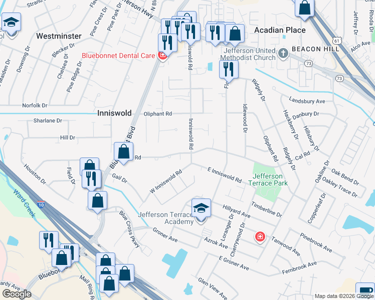 map of restaurants, bars, coffee shops, grocery stores, and more near 9655 Cal Road in Baton Rouge