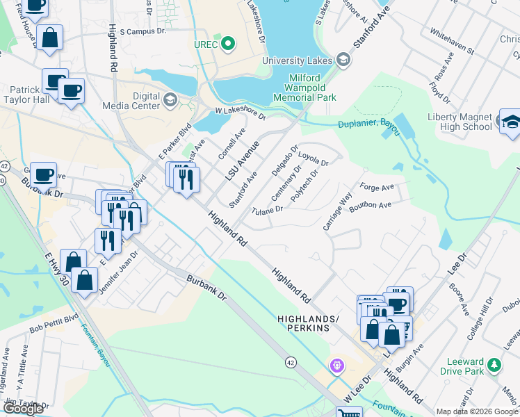 map of restaurants, bars, coffee shops, grocery stores, and more near 4645 Tulane Drive in Baton Rouge