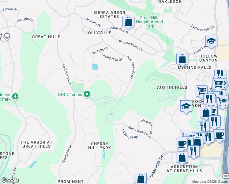map of restaurants, bars, coffee shops, grocery stores, and more near 5707 Greenledge Cove in Austin