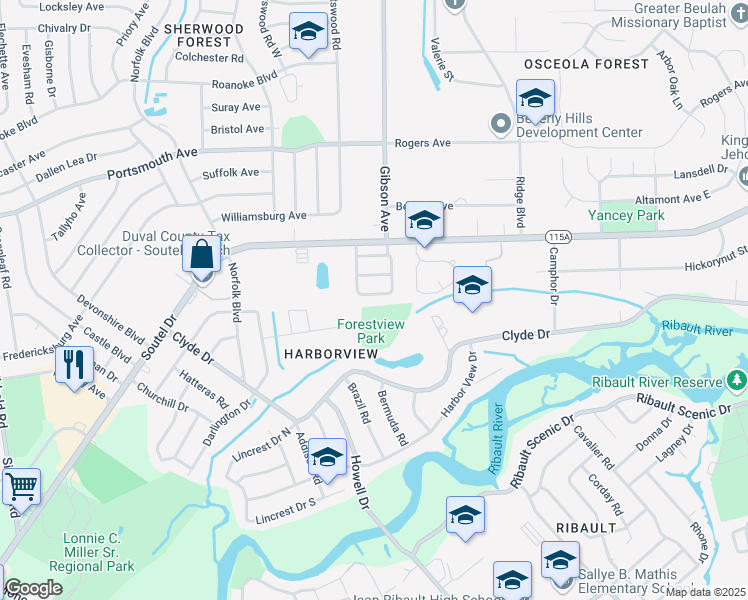 map of restaurants, bars, coffee shops, grocery stores, and more near 4028 Scott Woods Drive South in Jacksonville