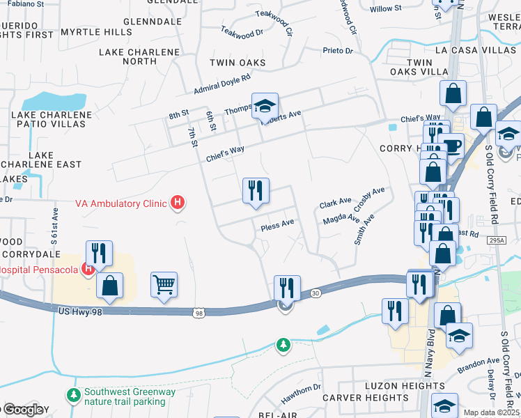 map of restaurants, bars, coffee shops, grocery stores, and more near 5600 Highway 98 West in Pensacola