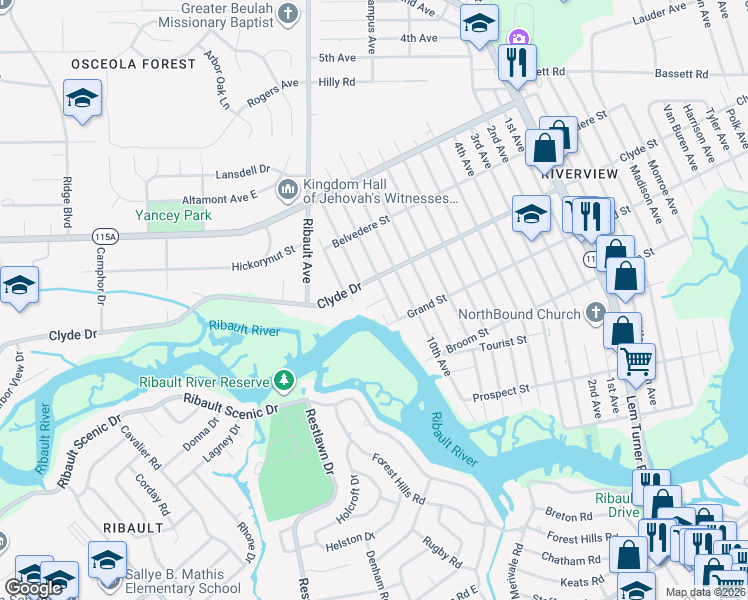 map of restaurants, bars, coffee shops, grocery stores, and more near 2641 Lowes Place in Jacksonville
