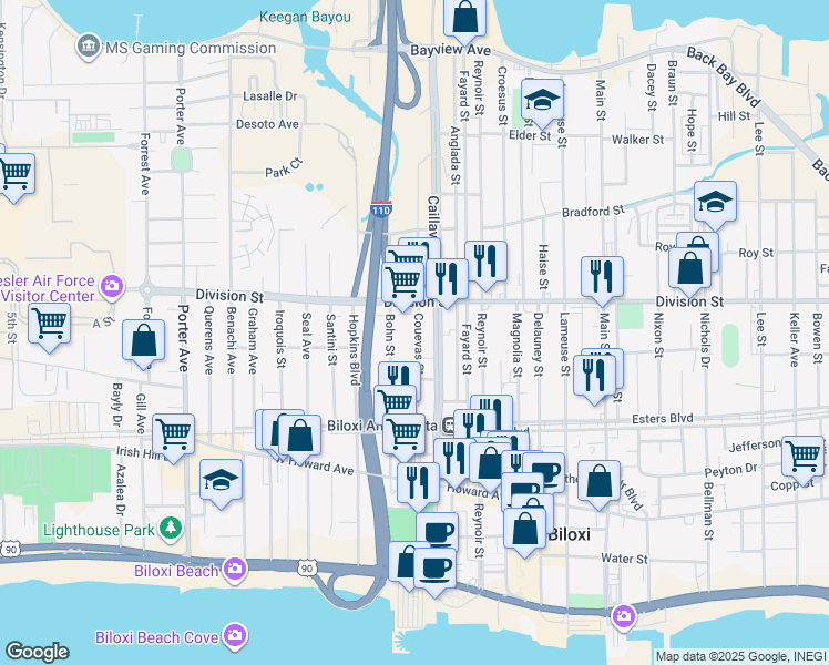 map of restaurants, bars, coffee shops, grocery stores, and more near 275 Couevas Street in Biloxi