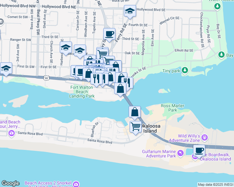 map of restaurants, bars, coffee shops, grocery stores, and more near 195 Brooks Street Southeast in Fort Walton Beach