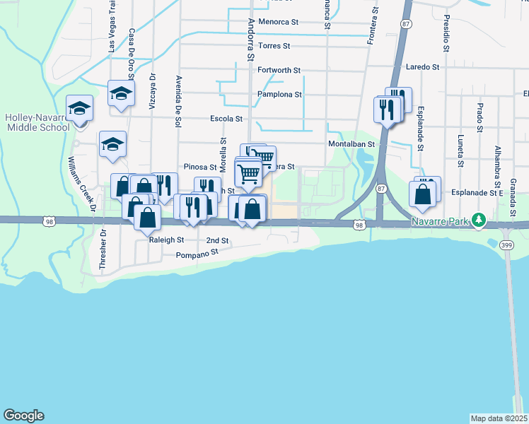 map of restaurants, bars, coffee shops, grocery stores, and more near 8250 Navarre Parkway in Navarre