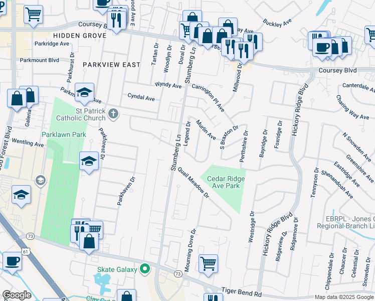 map of restaurants, bars, coffee shops, grocery stores, and more near 5041 Legend Drive in Baton Rouge