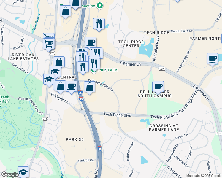 map of restaurants, bars, coffee shops, grocery stores, and more near 183 West Canyon Ridge Drive in Austin