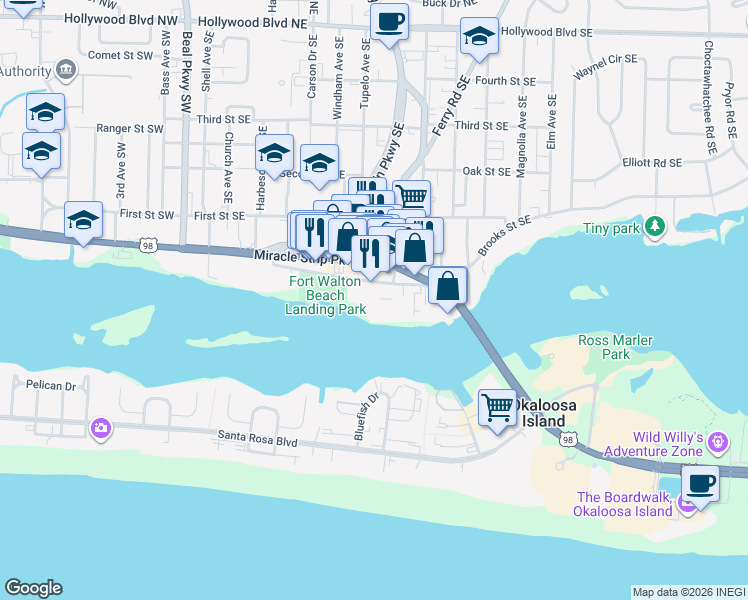 map of restaurants, bars, coffee shops, grocery stores, and more near 159 Brooks Street Southeast in Fort Walton Beach