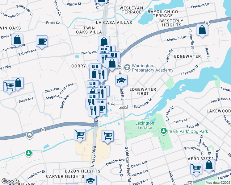 map of restaurants, bars, coffee shops, grocery stores, and more near 515 S Old Corry Field Rd in Pensacola