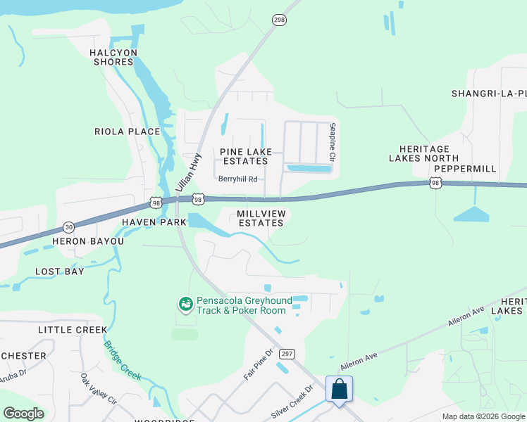 map of restaurants, bars, coffee shops, grocery stores, and more near 10743 Crosscut Drive in Pensacola