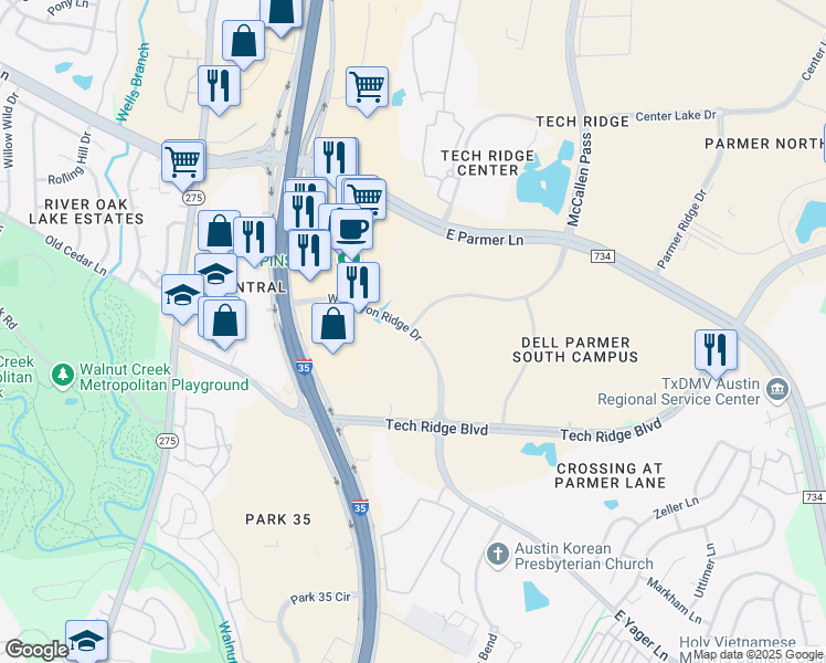 map of restaurants, bars, coffee shops, grocery stores, and more near 235 W Canyon Ridge Dr in Austin