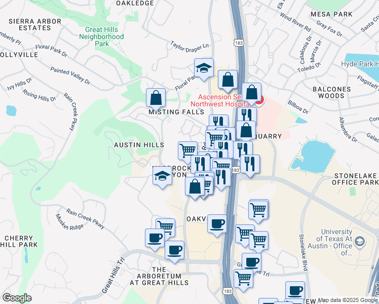 map of restaurants, bars, coffee shops, grocery stores, and more near 10814 Jollyville Road in Austin