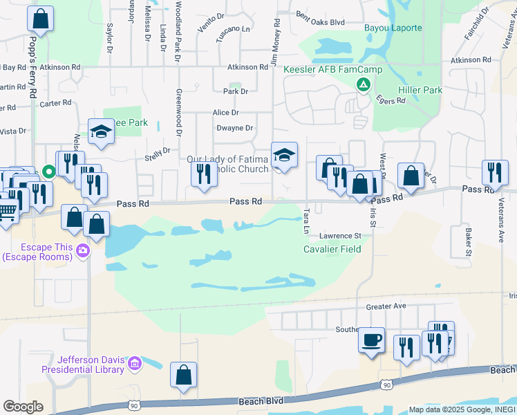 map of restaurants, bars, coffee shops, grocery stores, and more near 2113 Pass Road in Biloxi