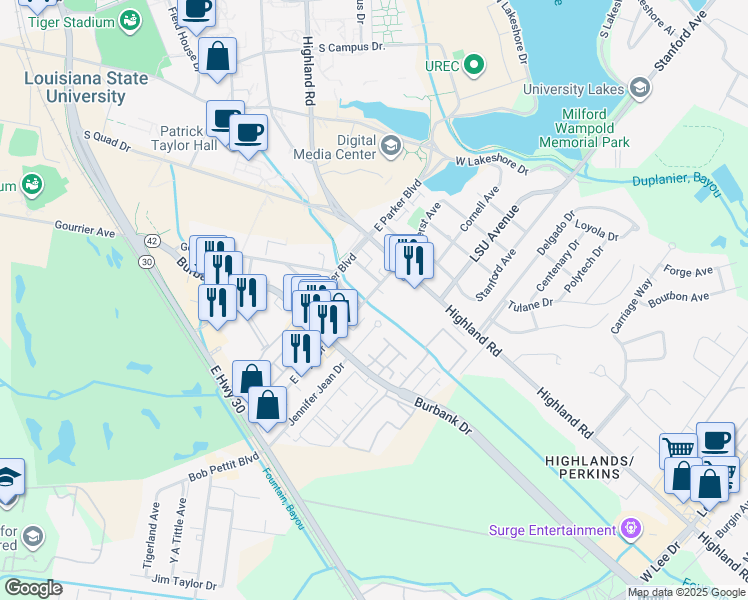 map of restaurants, bars, coffee shops, grocery stores, and more near 255 East Boyd Drive in Baton Rouge