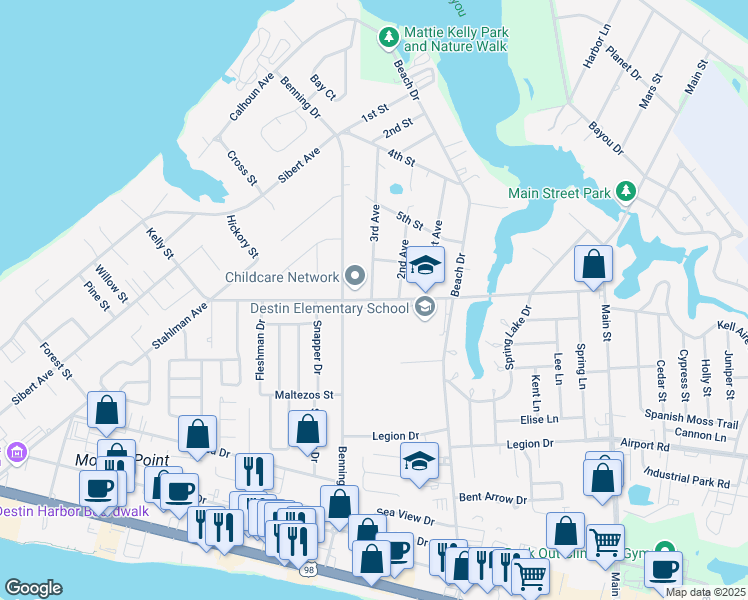 map of restaurants, bars, coffee shops, grocery stores, and more near 630 Kelly Street in Destin
