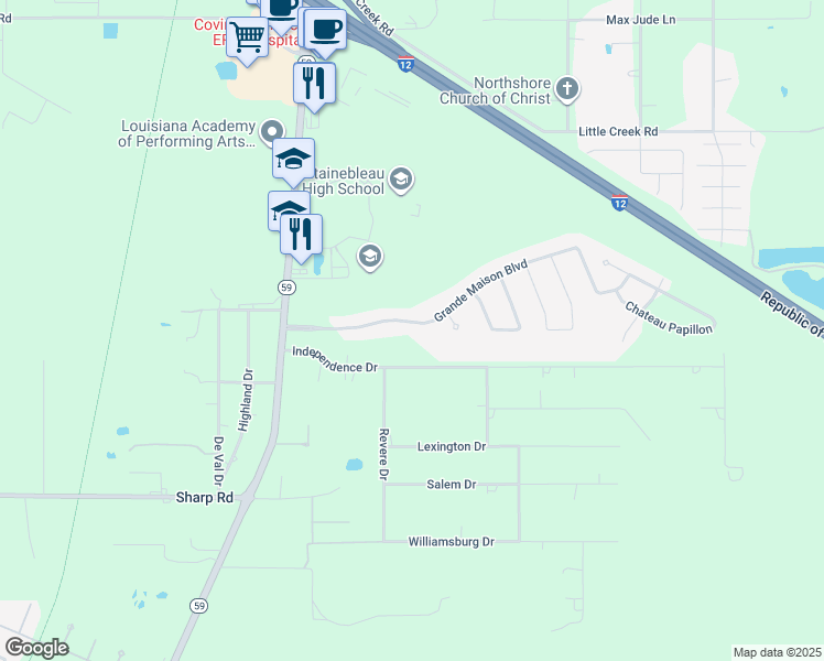 map of restaurants, bars, coffee shops, grocery stores, and more near 132 Grand Maison Boulevard in Mandeville