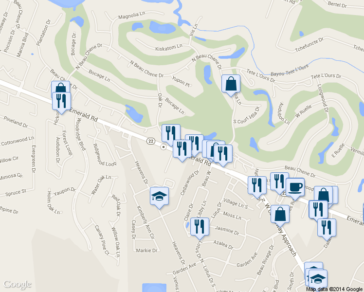 map of restaurants, bars, coffee shops, grocery stores, and more near 102 Tunica Place in Mandeville