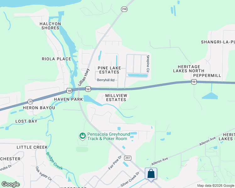 map of restaurants, bars, coffee shops, grocery stores, and more near 10743 Crosscut Drive in Pensacola