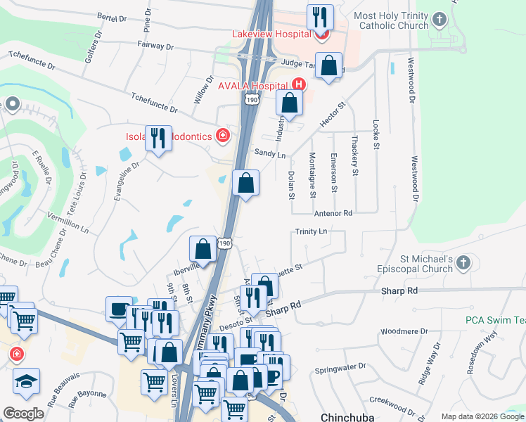 map of restaurants, bars, coffee shops, grocery stores, and more near 2615 North Causeway Boulevard in Mandeville