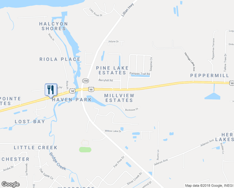 map of restaurants, bars, coffee shops, grocery stores, and more near 10748 Crosscut Drive in Pensacola