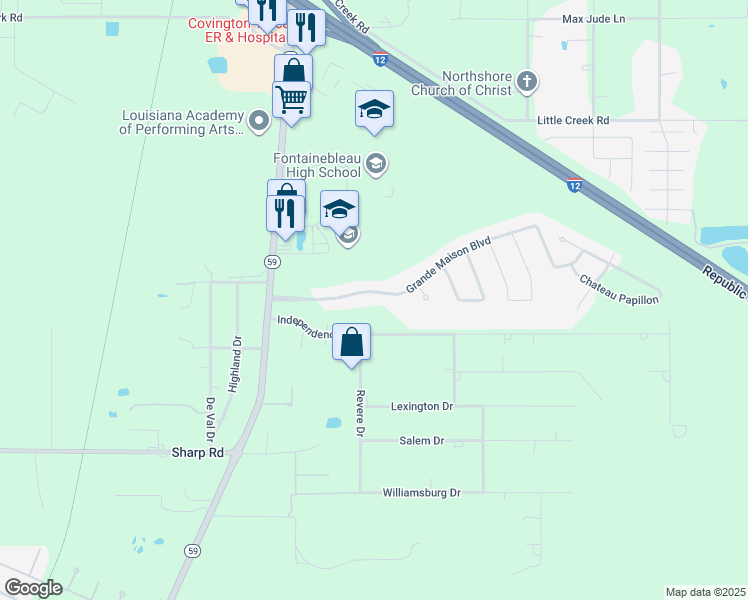 map of restaurants, bars, coffee shops, grocery stores, and more near 132 Grande Maison Boulevard in Mandeville