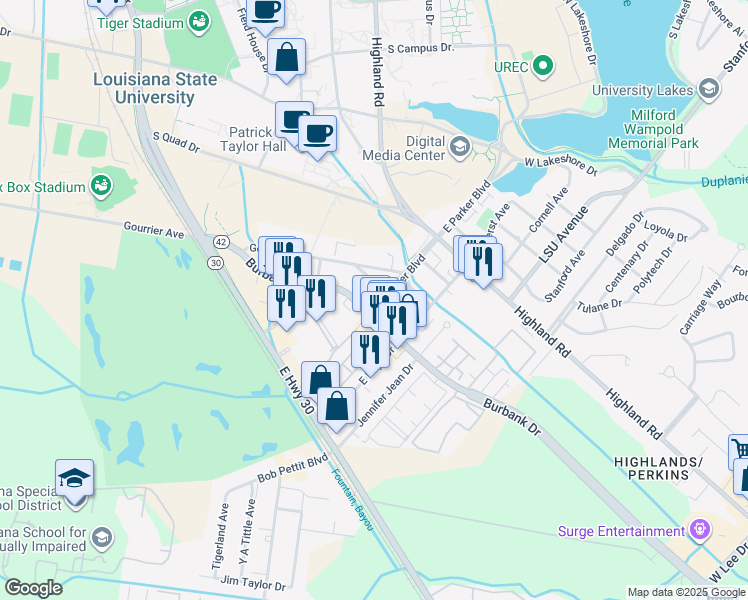 map of restaurants, bars, coffee shops, grocery stores, and more near 454 West Parker Boulevard in Baton Rouge