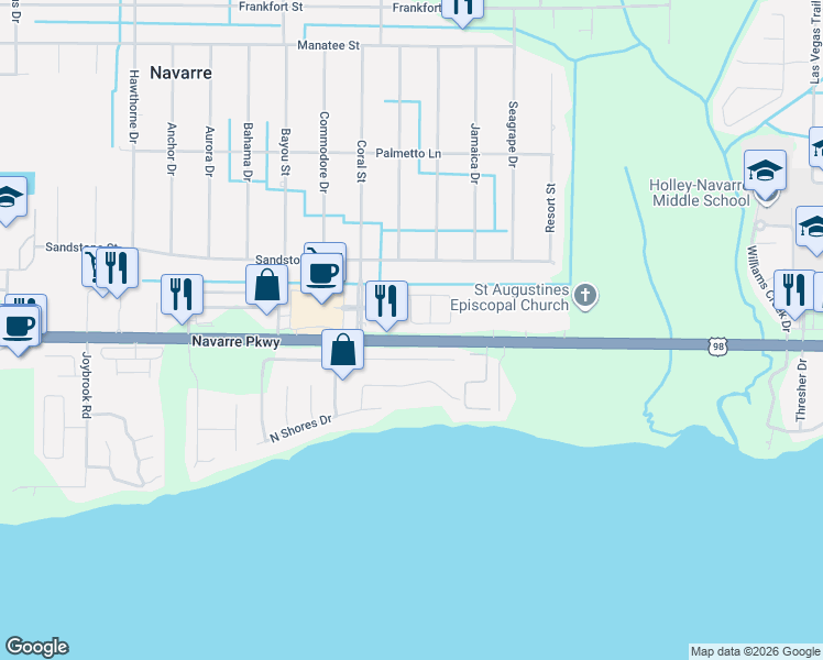 map of restaurants, bars, coffee shops, grocery stores, and more near 7726 Navarre Parkway in Navarre