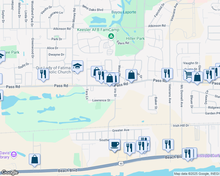 map of restaurants, bars, coffee shops, grocery stores, and more near 2011 Pass Road in Biloxi