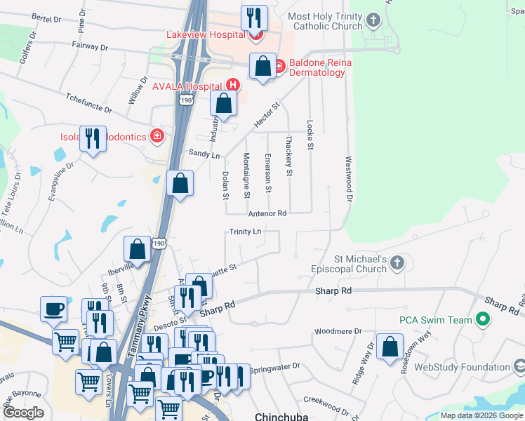 map of restaurants, bars, coffee shops, grocery stores, and more near 19162 Antenor Street in Mandeville