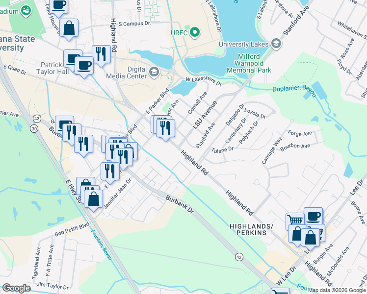 map of restaurants, bars, coffee shops, grocery stores, and more near 4511 Highland Road in Baton Rouge