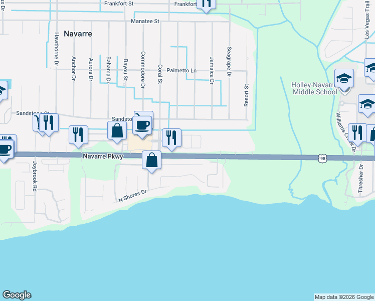map of restaurants, bars, coffee shops, grocery stores, and more near 7674 Chablis Circle in Navarre