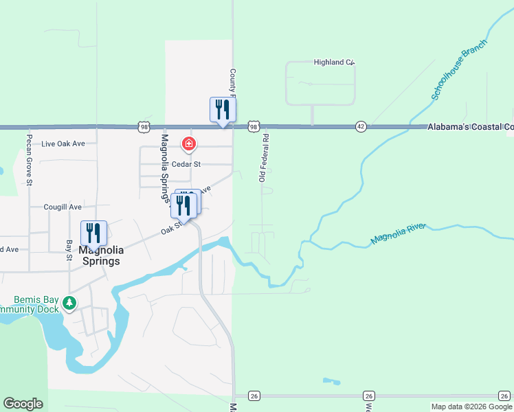 map of restaurants, bars, coffee shops, grocery stores, and more near Old Federal Road in Magnolia Springs