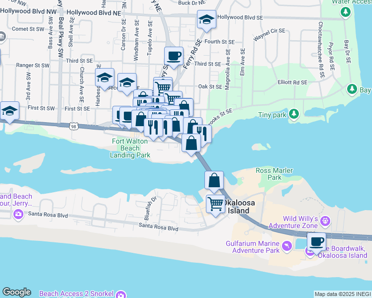 map of restaurants, bars, coffee shops, grocery stores, and more near 195 Brooks Street Southeast in Fort Walton Beach