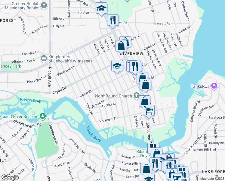map of restaurants, bars, coffee shops, grocery stores, and more near 8931 5th Avenue in Jacksonville