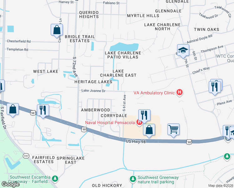 map of restaurants, bars, coffee shops, grocery stores, and more near 511 South 61st Avenue in Pensacola