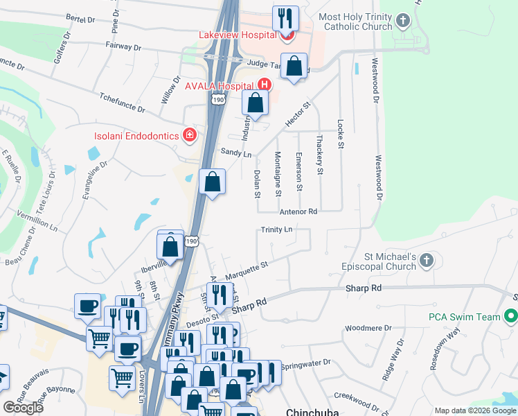 map of restaurants, bars, coffee shops, grocery stores, and more near 19110 Antenor Street in Mandeville