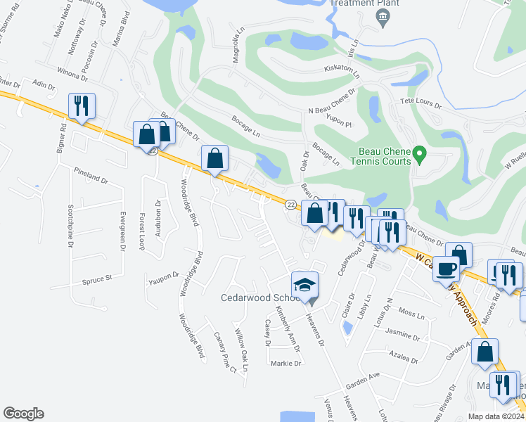map of restaurants, bars, coffee shops, grocery stores, and more near 516 Elizabeth Drive in Mandeville