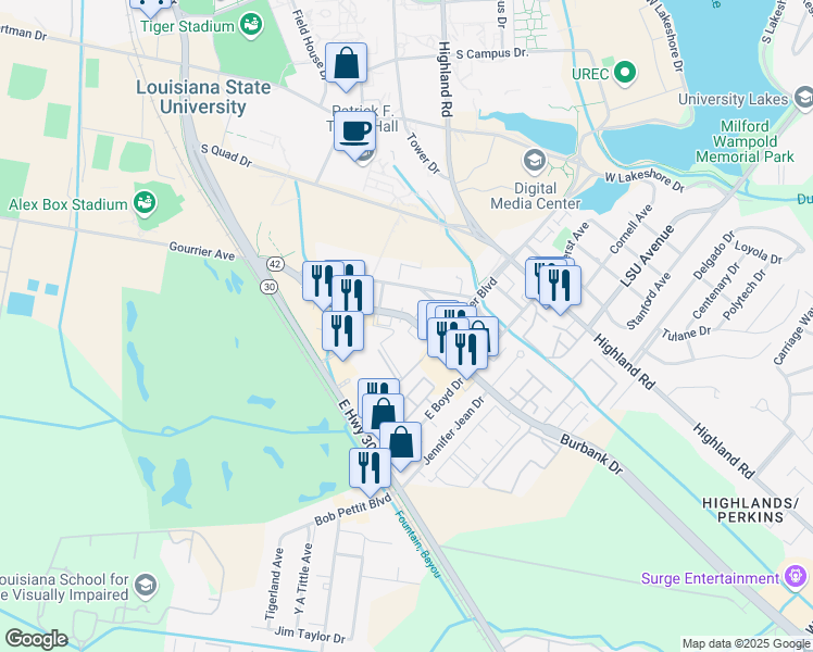 map of restaurants, bars, coffee shops, grocery stores, and more near 4176 Burbank Drive in Baton Rouge