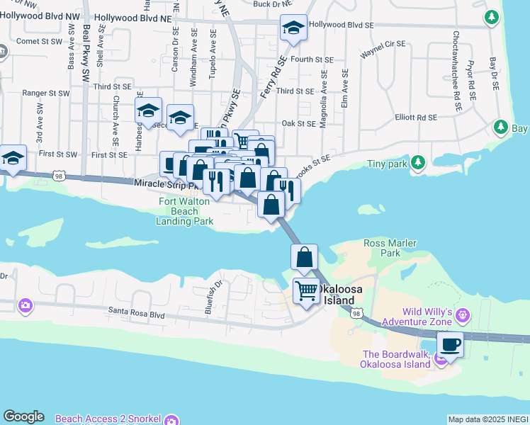 map of restaurants, bars, coffee shops, grocery stores, and more near 195 Brooks Street Southeast in Fort Walton Beach