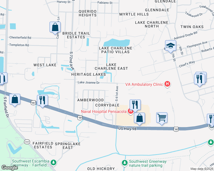 map of restaurants, bars, coffee shops, grocery stores, and more near 6847 Lake Joanne Drive in Pensacola