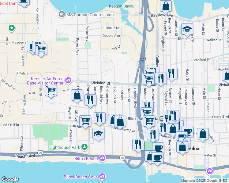 map of restaurants, bars, coffee shops, grocery stores, and more near in Biloxi