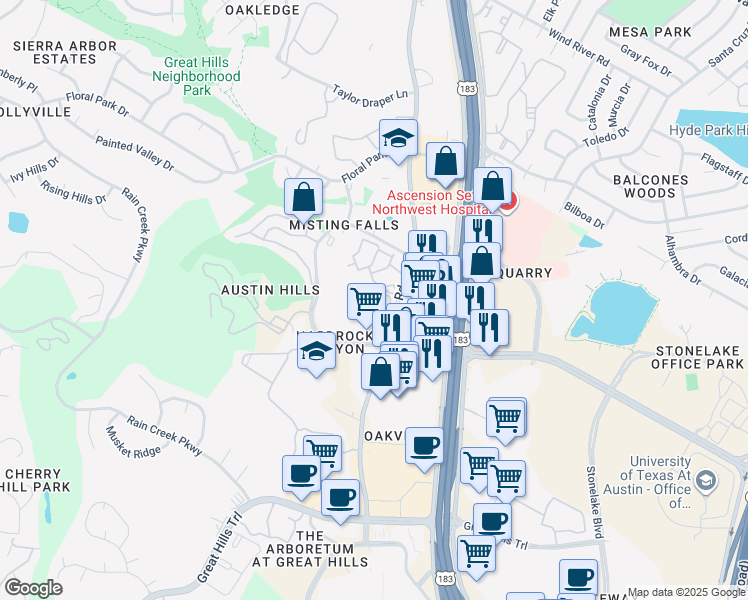 map of restaurants, bars, coffee shops, grocery stores, and more near 10814 Jollyville Road in Austin
